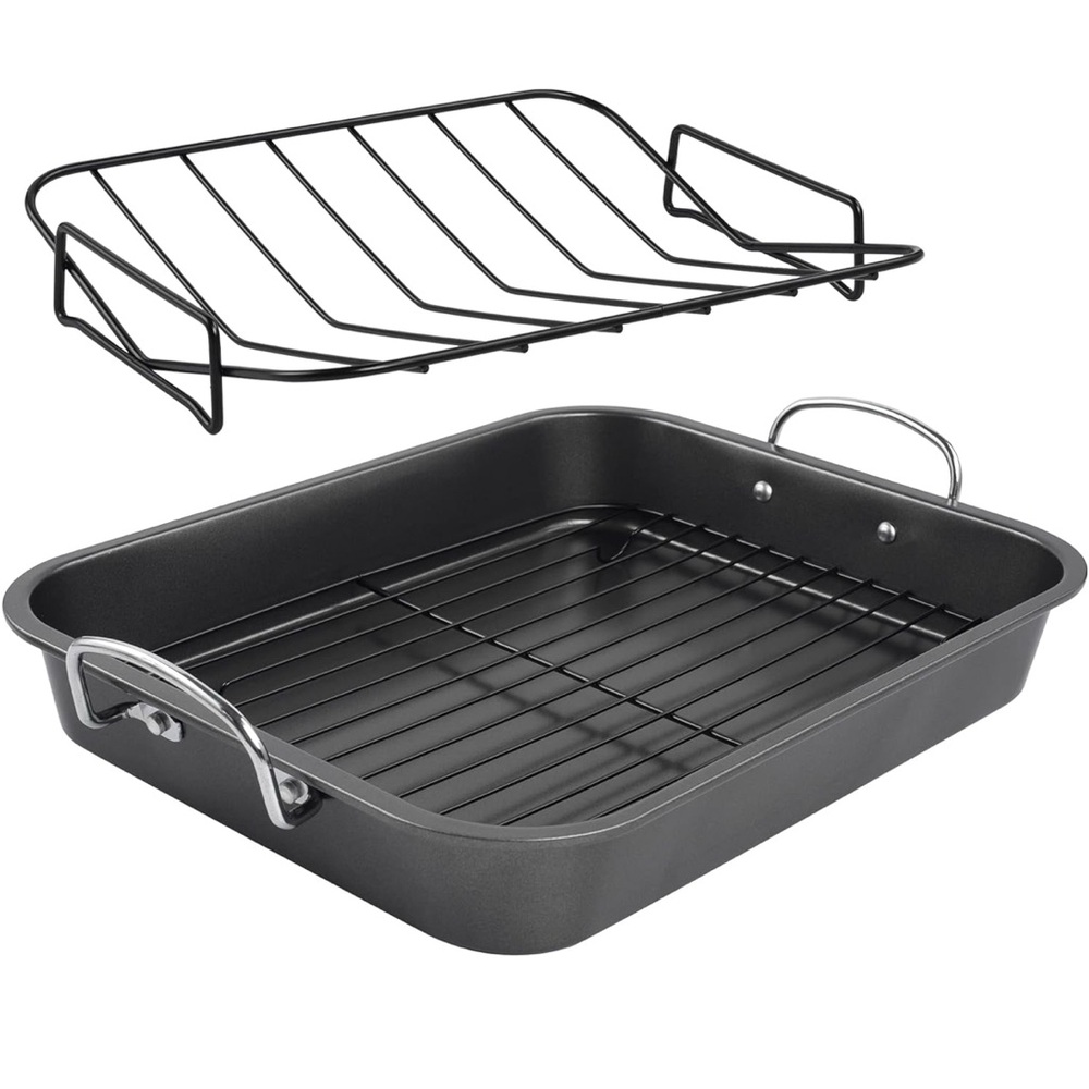Nonstick Black Roasting Pan with Rack - 16 Inch Rectangular Dishwasher Safe